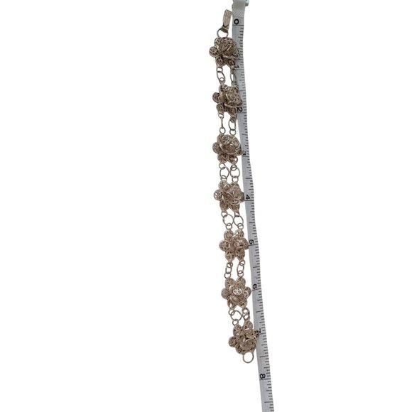 800 Spun Silver Flower Link Chain Bracelet, 8" Long E686 - Picture 7 of 8